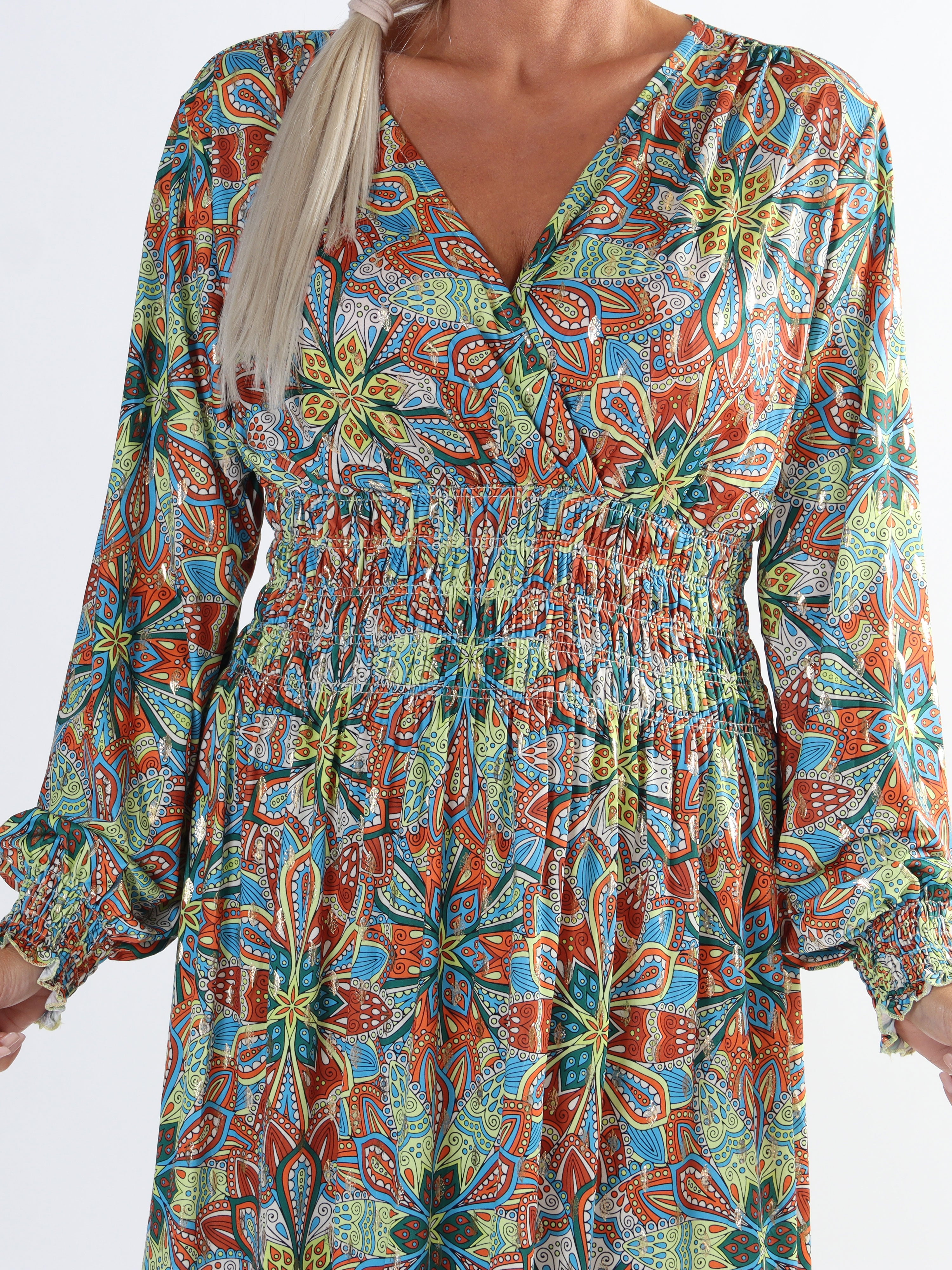 Pams Multi L/S - Plus size elastisk klänning i skrynkelfritt tyg med långa ärmar